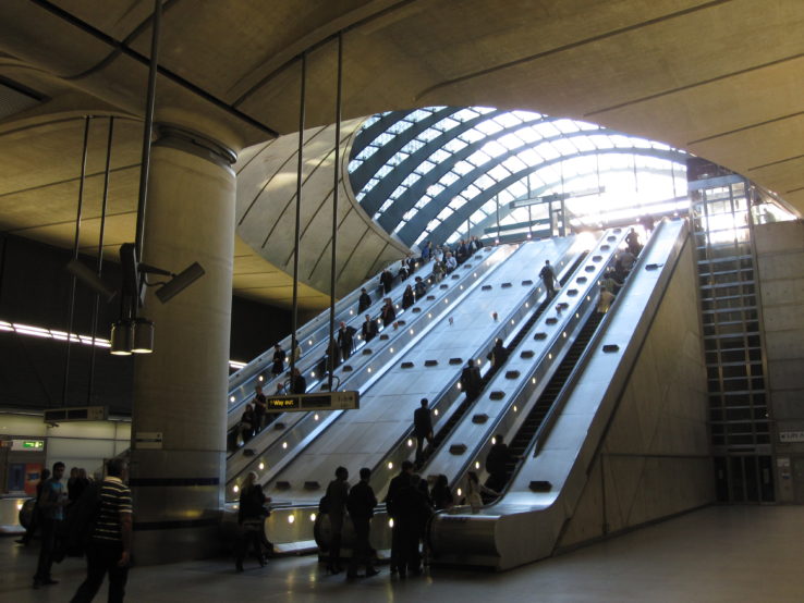 Escalators at Canary Wharf station on the London Underground